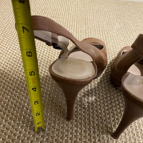 Stuart Weitzman Pumps Heels Size 10 Camel Leather Slingback Peep Toe Platform - Picture 7 of 10